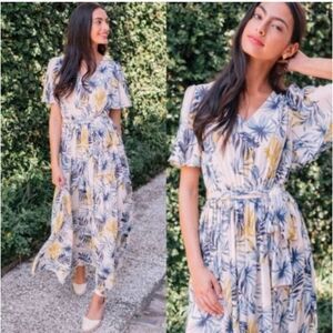 NWT GAL MEETS GLAM Kiki Chiffon Flutter Sleeve Maxi Dress Blue Gold Leaf Sz 14